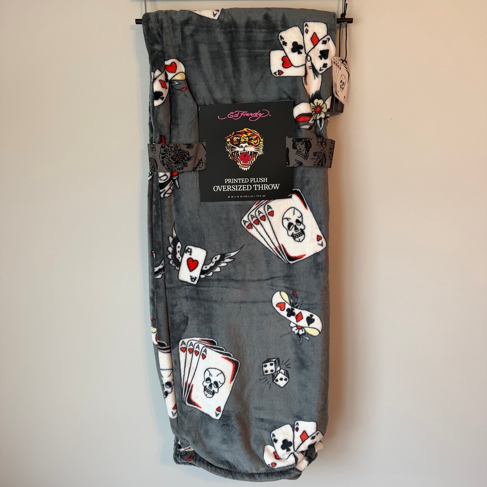 New Ed Hardy Grey Throw Blanket 60x70 Y2K Cards Dice Wings Skull Poker White